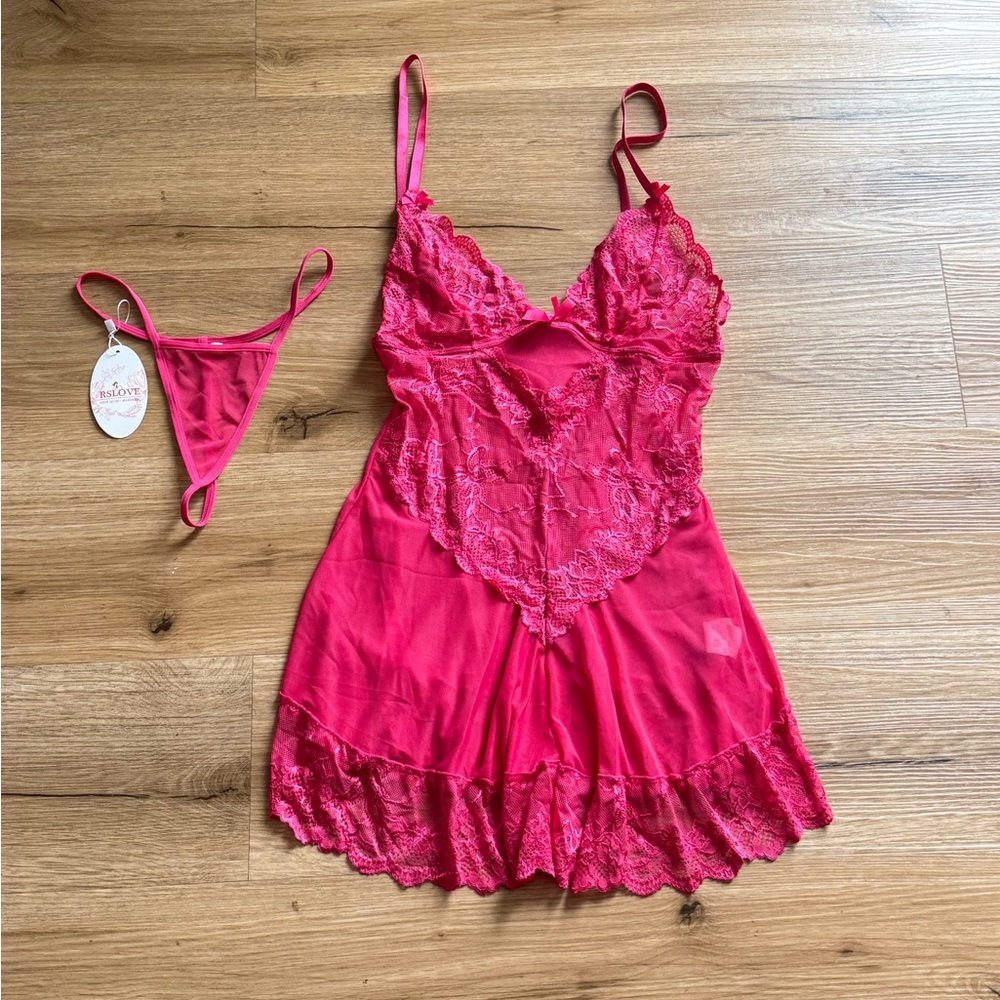 Hot Pink Lace Chemise & Thong Set - Women Intimates- Small